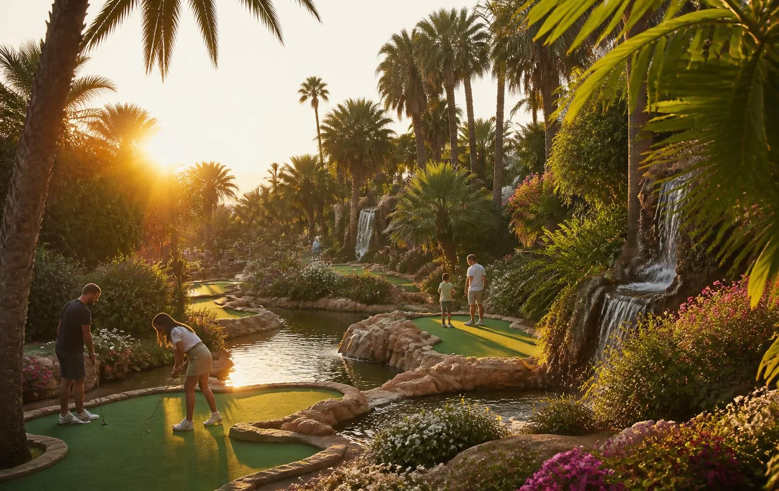 Tropischer Minigolfplatz mit Palmen und Wasserfällen im Abendlicht in Palmanova auf Mallorca