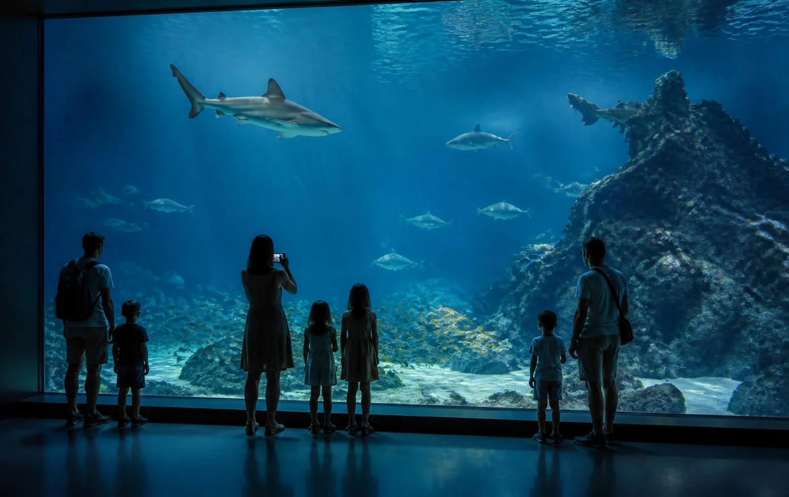 Familien vor einer großen Unterwasserwelt mit Haien im Palma Aquarium