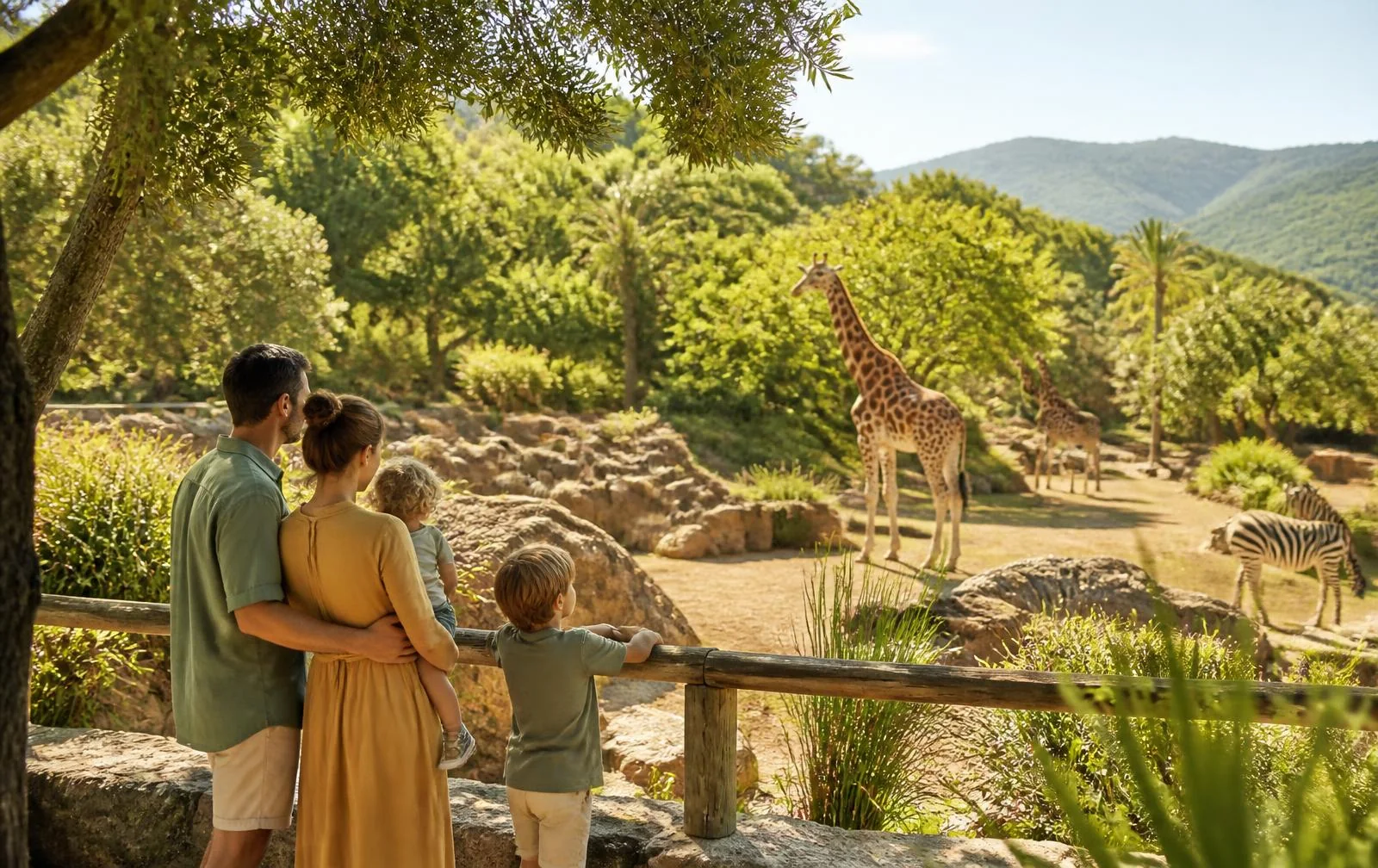 Familie beobachtet Tiere in einer naturnahen mediterranen Anlage bei Santa Eugènia auf Mallorca