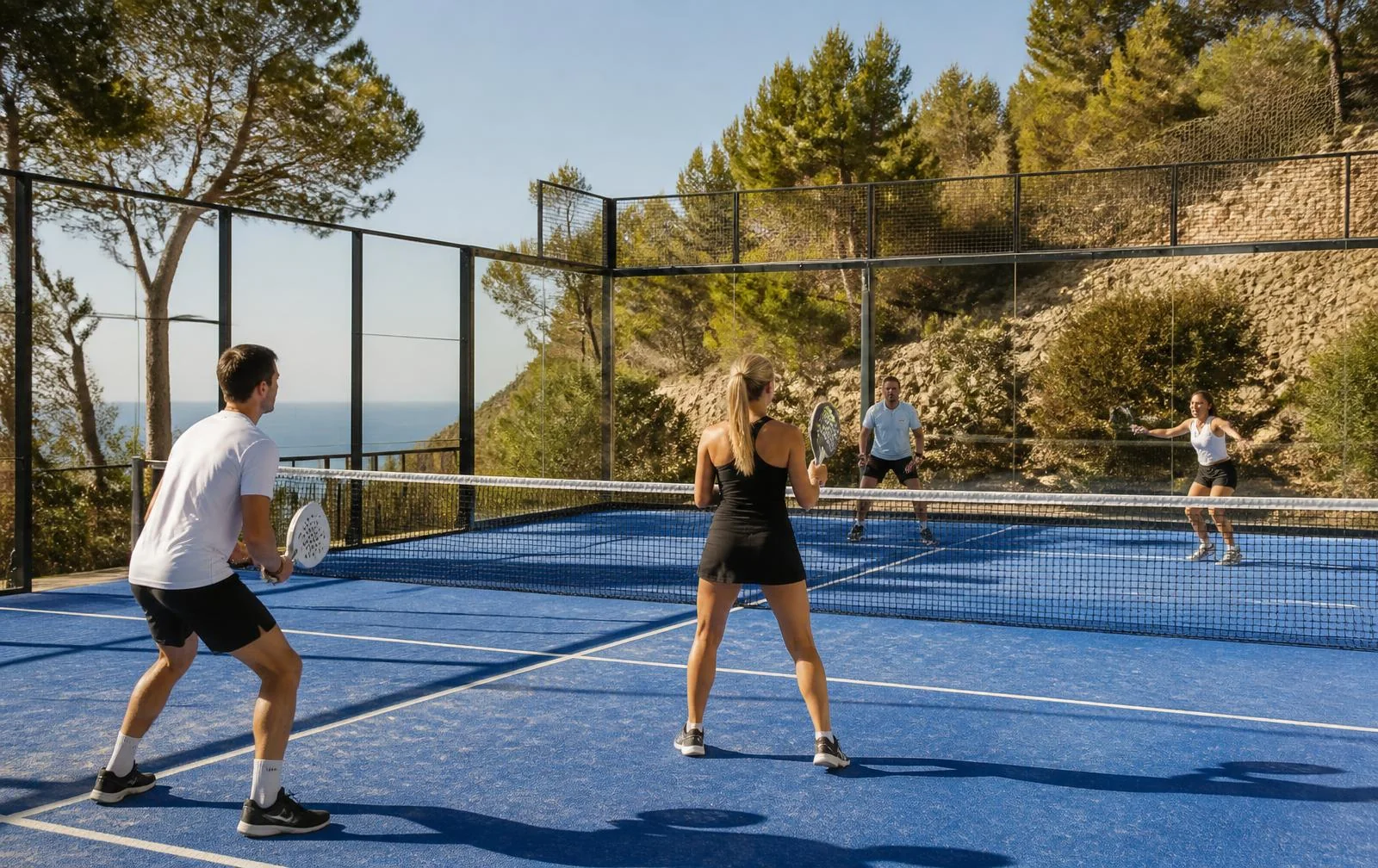 Vier Spieler bei einem Padelmatch auf einem Außenplatz an Mallorcas Küste