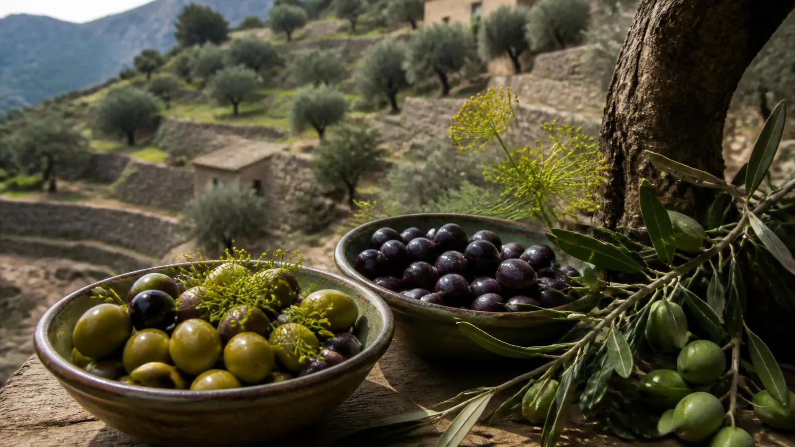 Schalen mit grünen und dunklen mallorquinischen Tafeloliven vor den Oliventerrassen der Tramuntana.