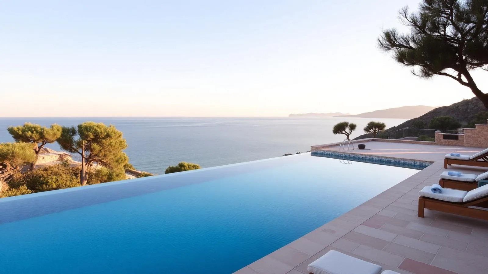 Ruhiger Infinity-Pool eines Adults-only-Hotels auf Mallorca mit Blick über das Meer im Abendlicht