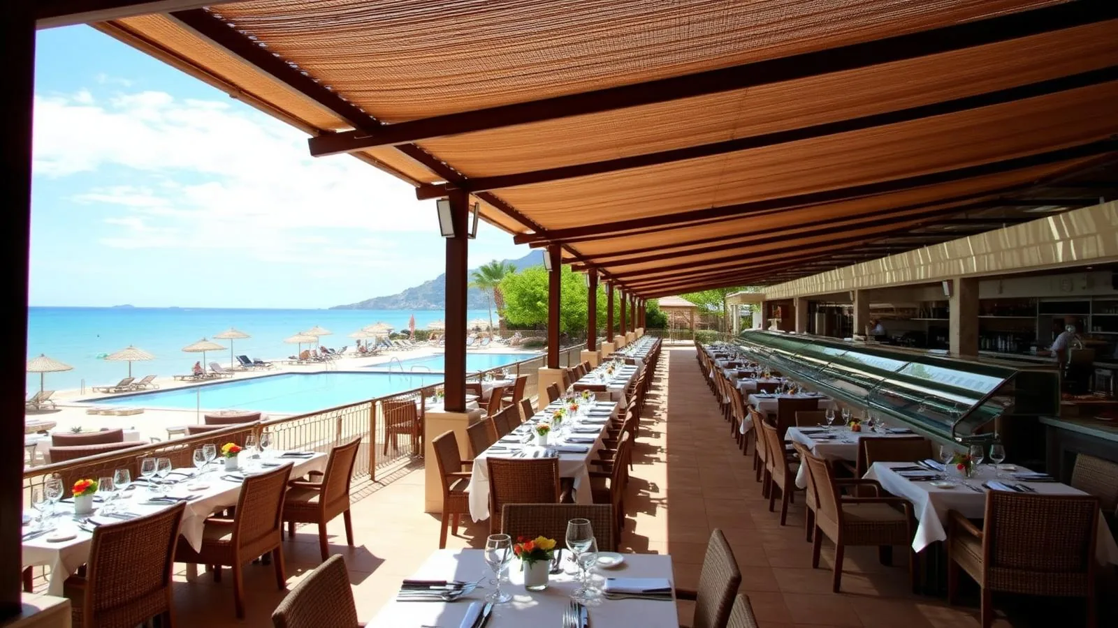 Überdachte Restaurantterrasse eines All-inclusive-Hotels auf Mallorca mit Buffet, gedeckten Tischen und Meerblick