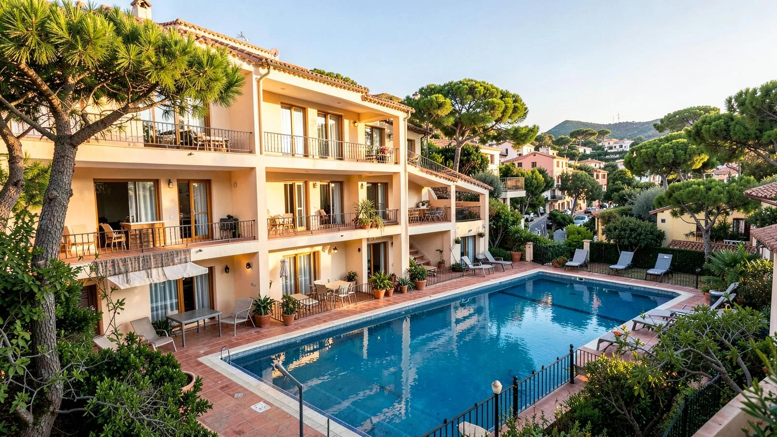 Aparthotel auf Mallorca mit Ferienwohnungen, Balkonen, Pinien und Pool im Innenhof
