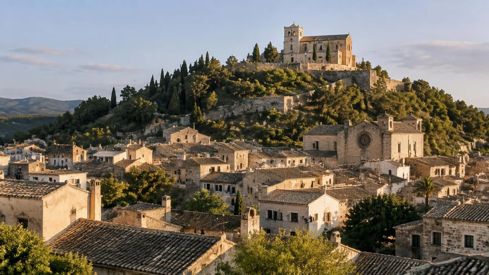 Wallfahrtskirche Sant Salvador auf dem Hügel über der historischen Altstadt von Artà auf Mallorca