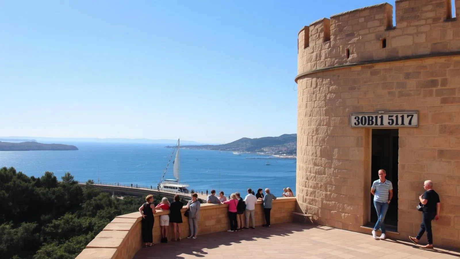 Besucher am Museum Es Baluard in Palma de Mallorca mit Blick auf die Bucht.