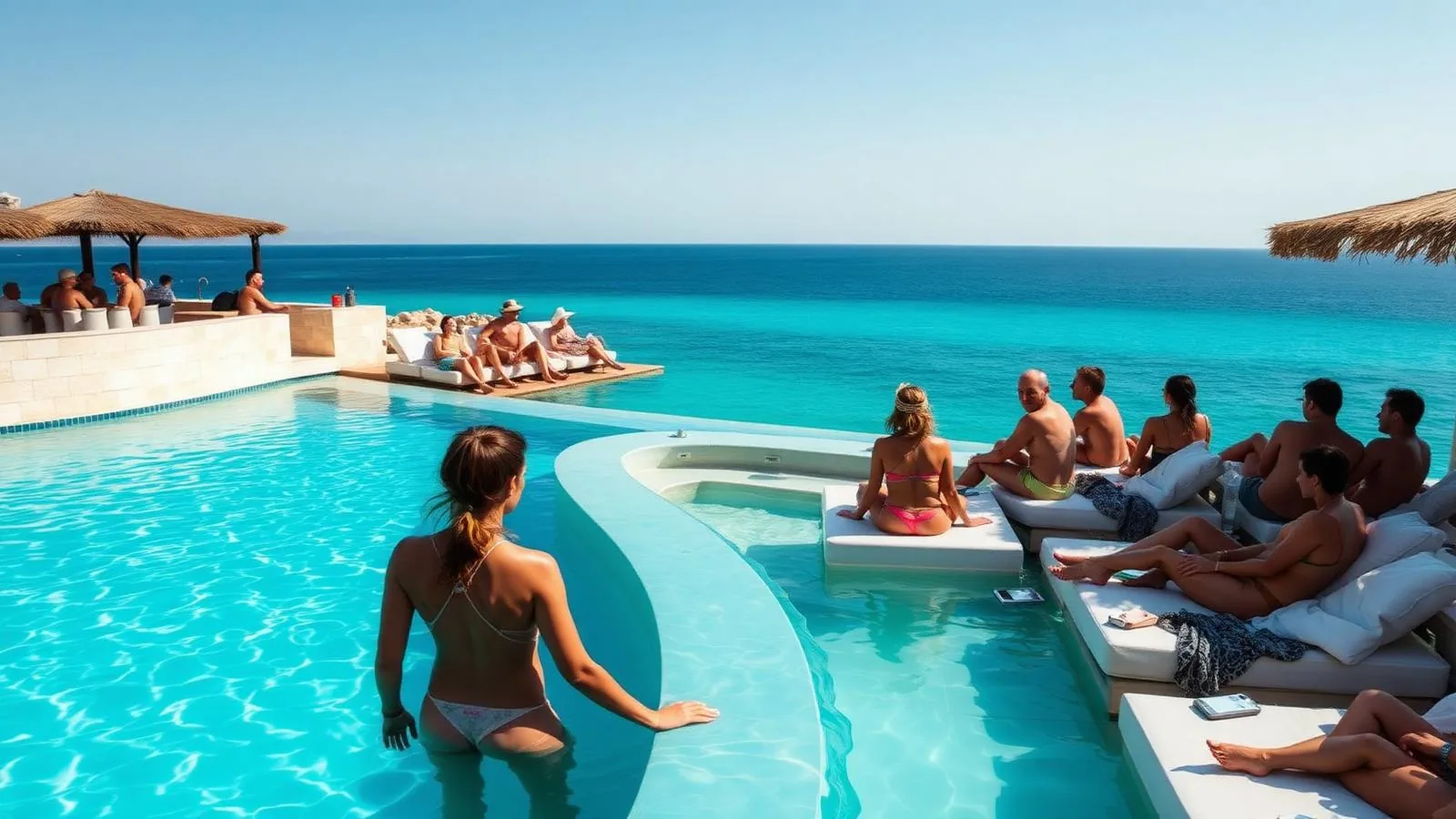 Beach Club auf Mallorca mit Pool über dem Meer, Liegen und Gästen am Nachmittag
