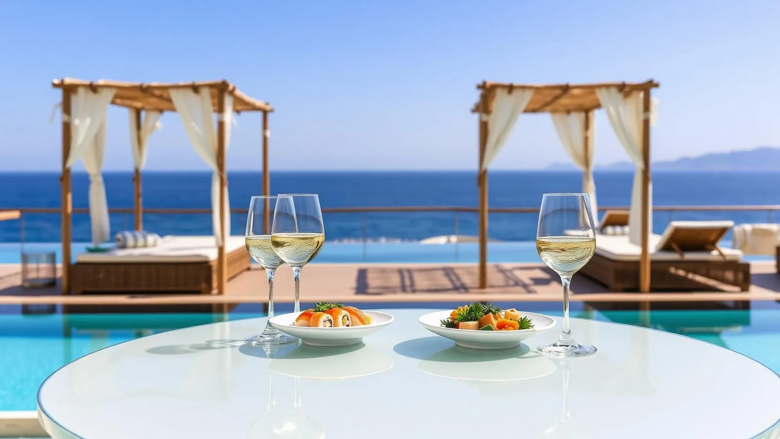 Tisch eines Beachclubs auf Mallorca mit Blick über Pool und Meer