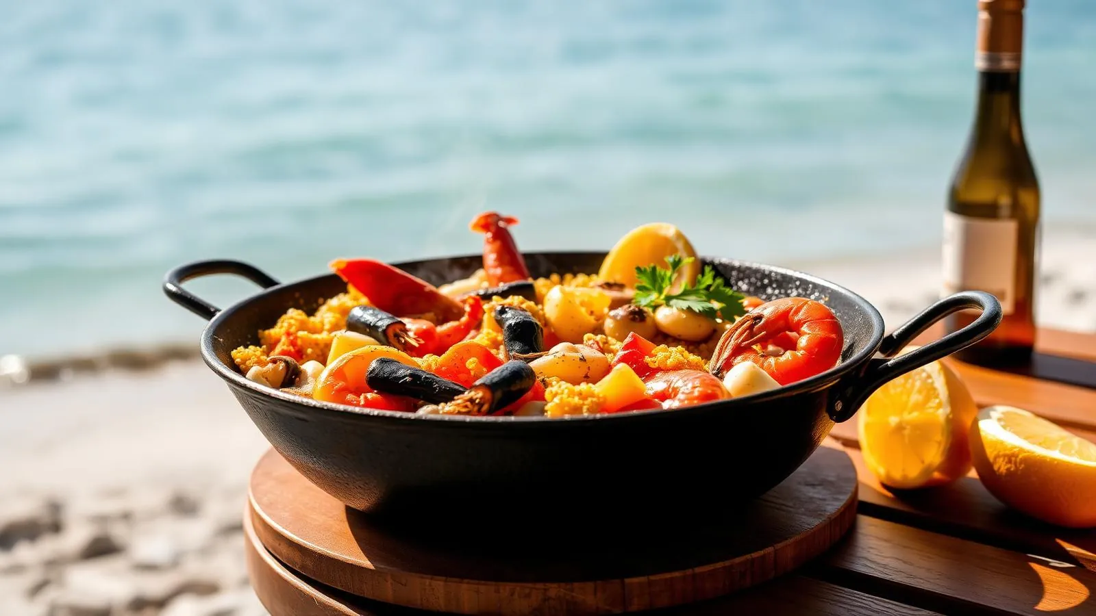 Paella mit Meeresfrüchten in der Eisenpfanne auf einem Tisch am Strand von Mallorca