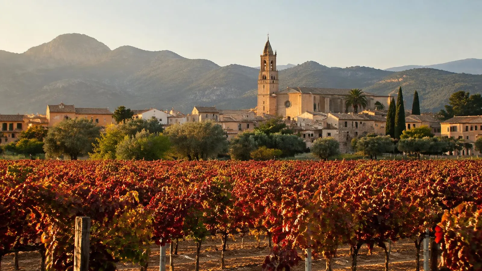 Weinberge vor dem Weinort Binissalem auf Mallorca mit Kirchturm, Sandsteinhäusern und der Tramuntana im Hintergrund
