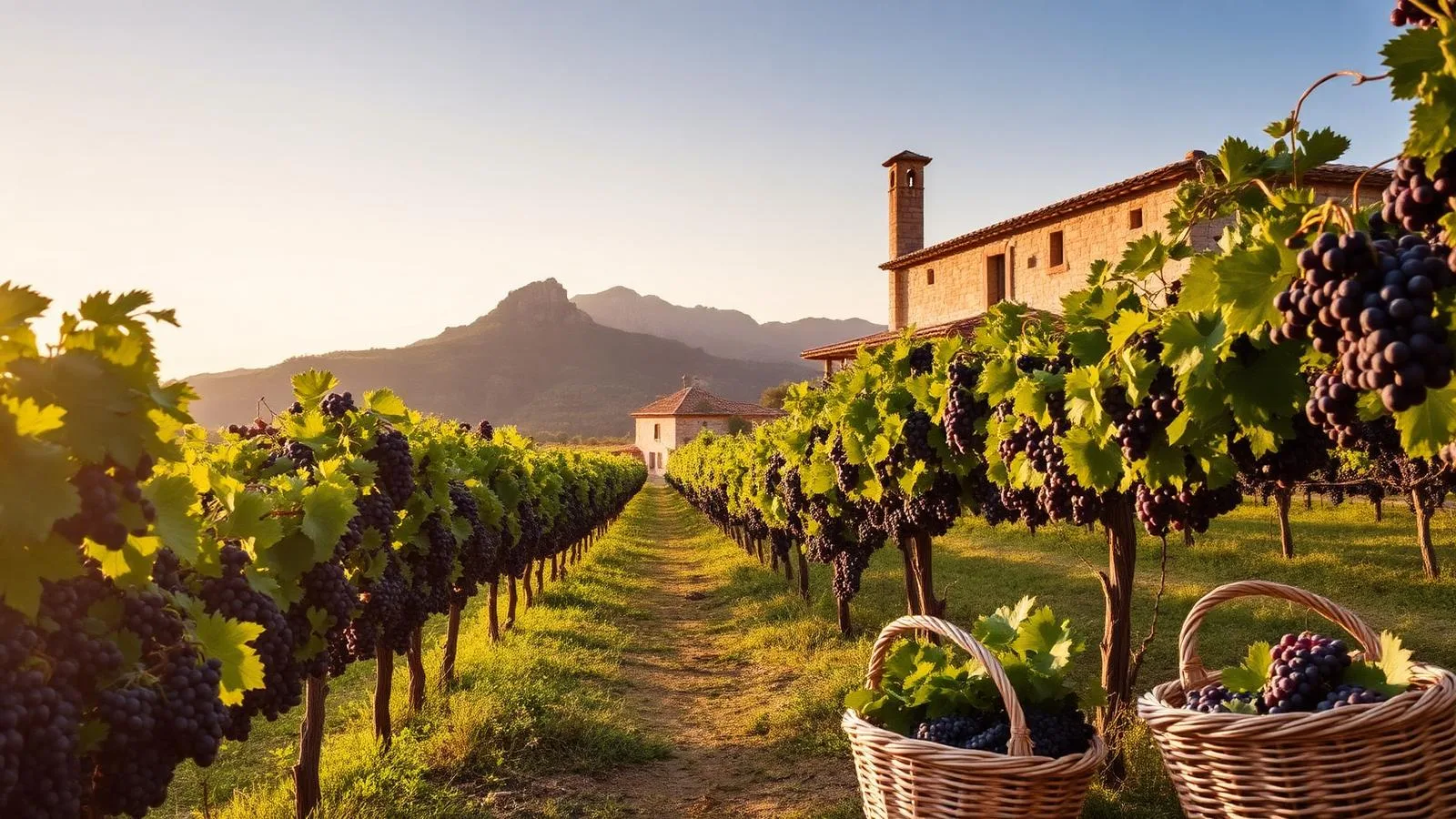 Weinberge mit dunklen Manto-Negro-Trauben und Bodega-Gebäude bei Binissalem auf Mallorca.