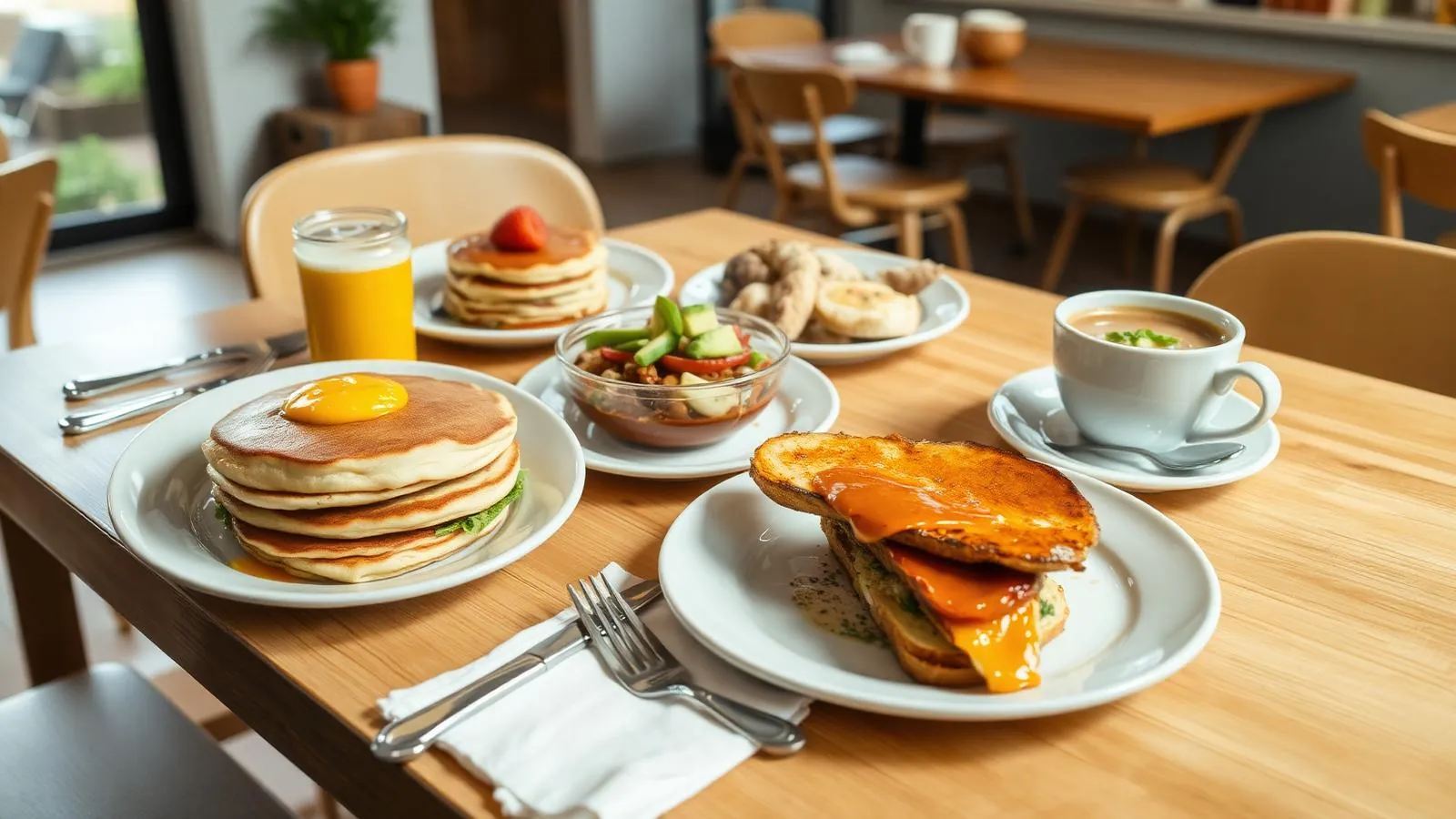 Reich gedeckter Brunchtisch mit Pancakes, Bowls und Kaffee in einem hellen Café in Palma