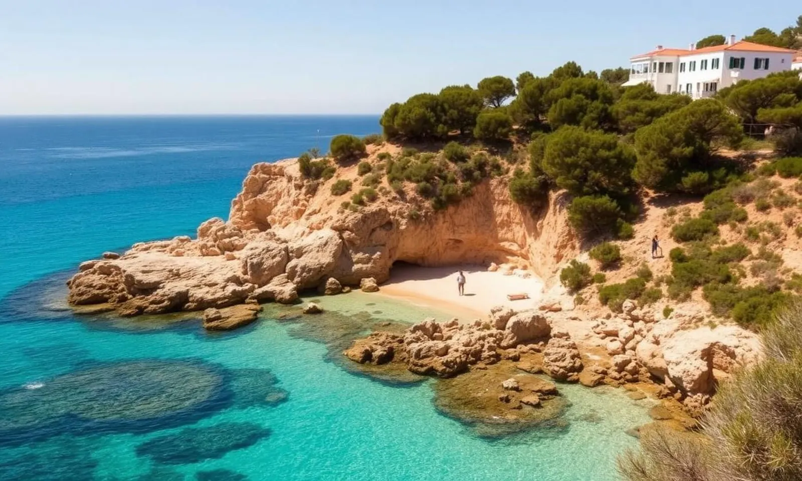 Bucht von Cala d'Or auf Mallorca mit türkisfarbenem Wasser, Booten und Pinien auf den Felsen