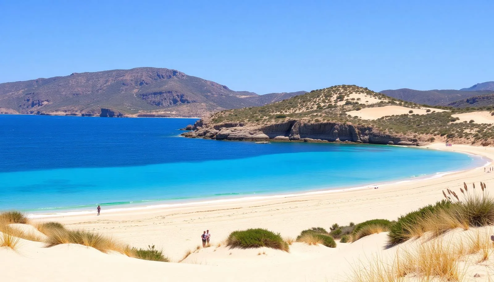 Cala Mesquida im Nordosten Mallorcas mit breitem Sandstrand, türkisem Wasser und dem Dünengürtel Ses Dunes