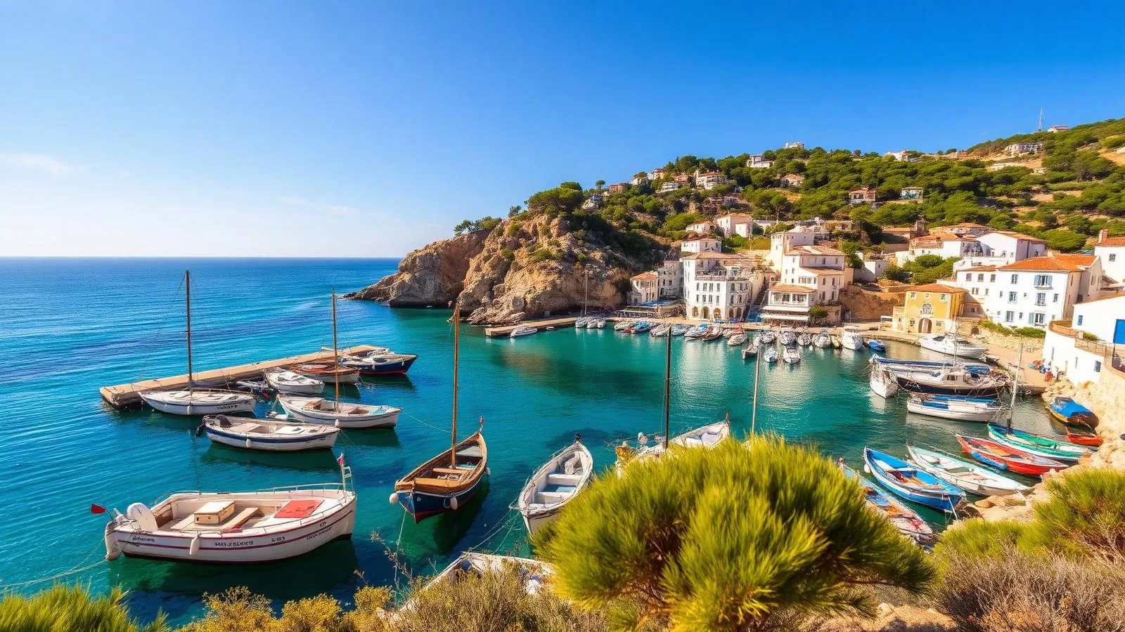 Hafen von Cala Ratjada im Nordosten Mallorcas mit Fischerbooten, weißen Häusern und pinienbewachsener Felsküste