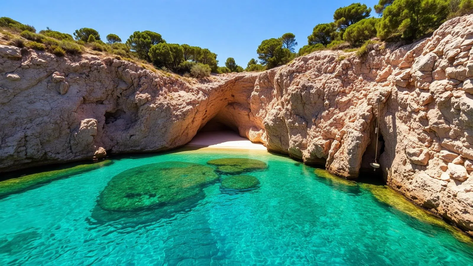 Winzige Felsbucht Caló des Moro bei Santanyí im Südosten Mallorcas mit schmalem Sandstreifen und türkisem Wasser