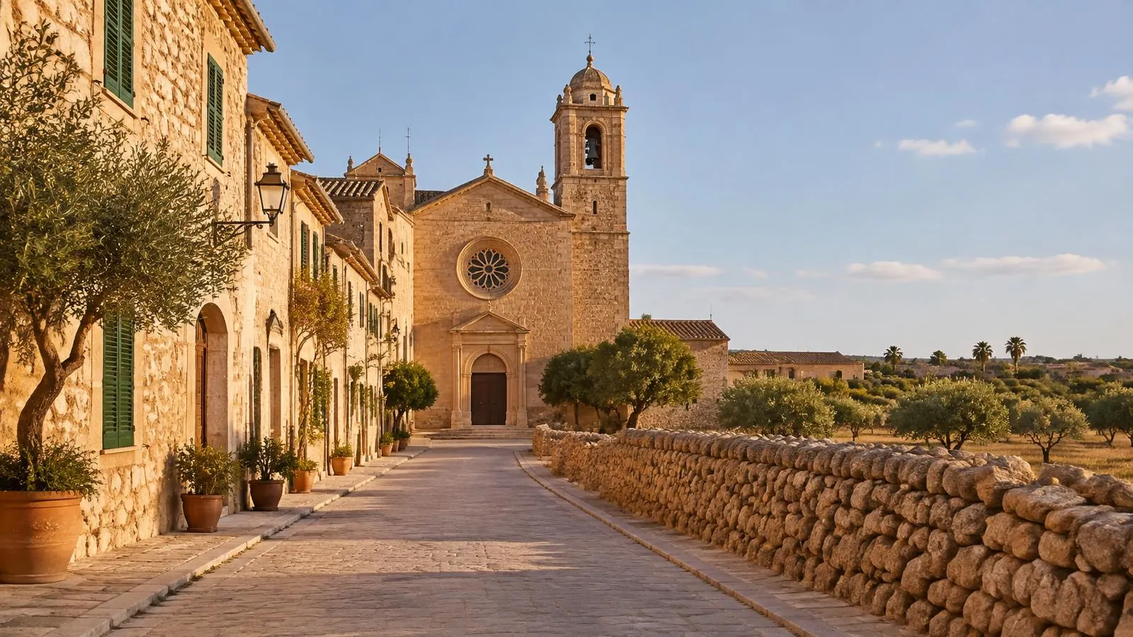 Ruhige Gasse im Ortskern von Campos auf Mallorca mit Sandsteinkirche, Naturstein­mauer und der Agrarlandschaft des Südens