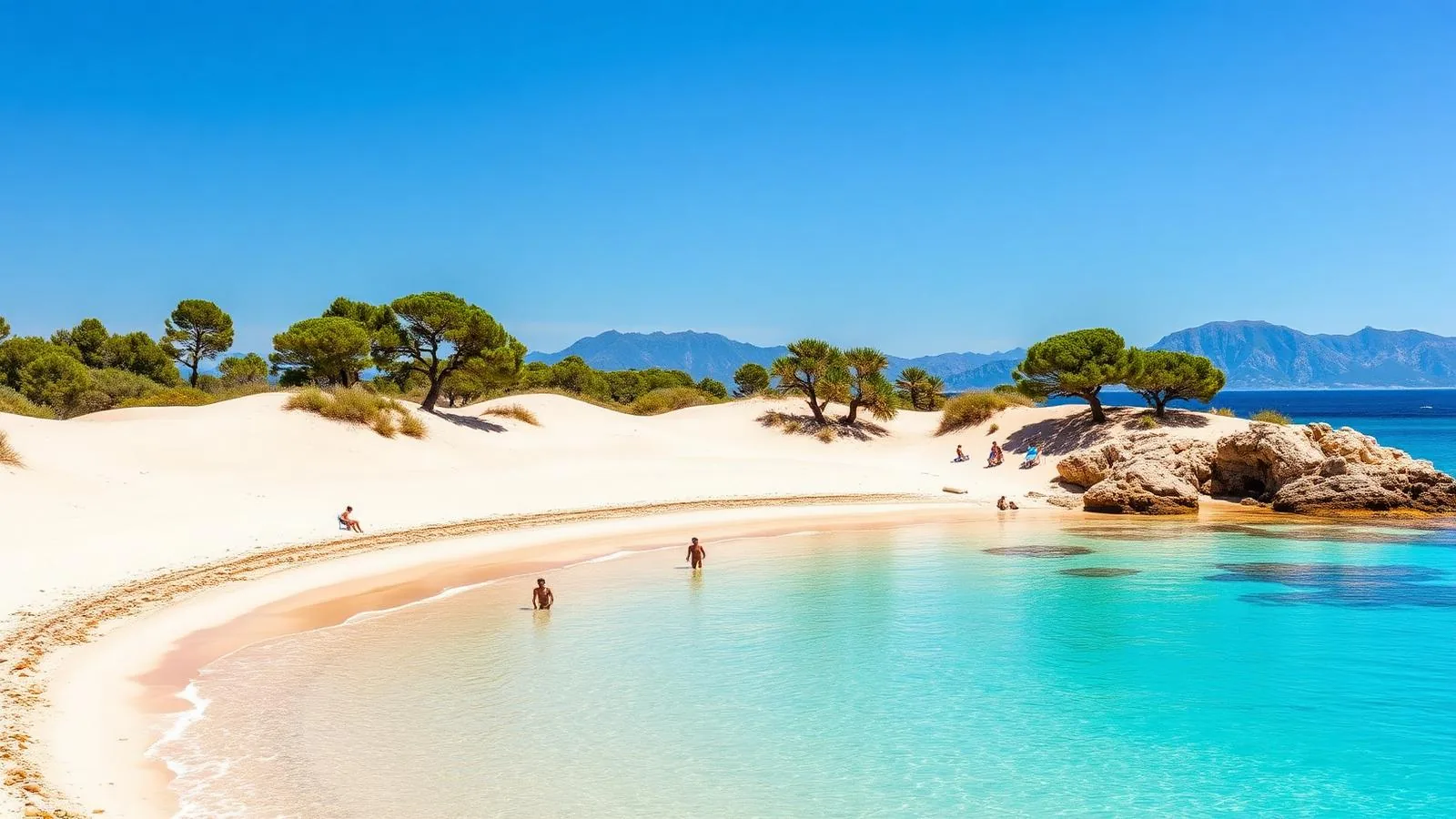 Flach abfallender Familienstrand bei Can Picafort in der Bucht von Alcúdia mit Dünen, Pinien und klarem Wasser