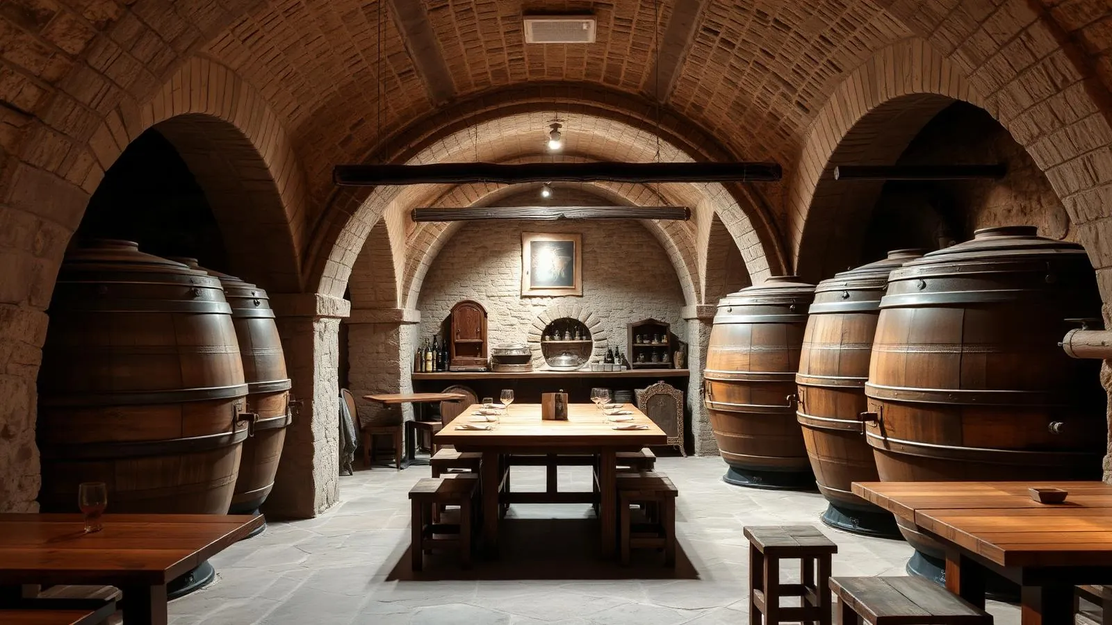 Traditioneller Celler in Inca mit großen alten Weinfässern, Steingewölbe und Holztischen