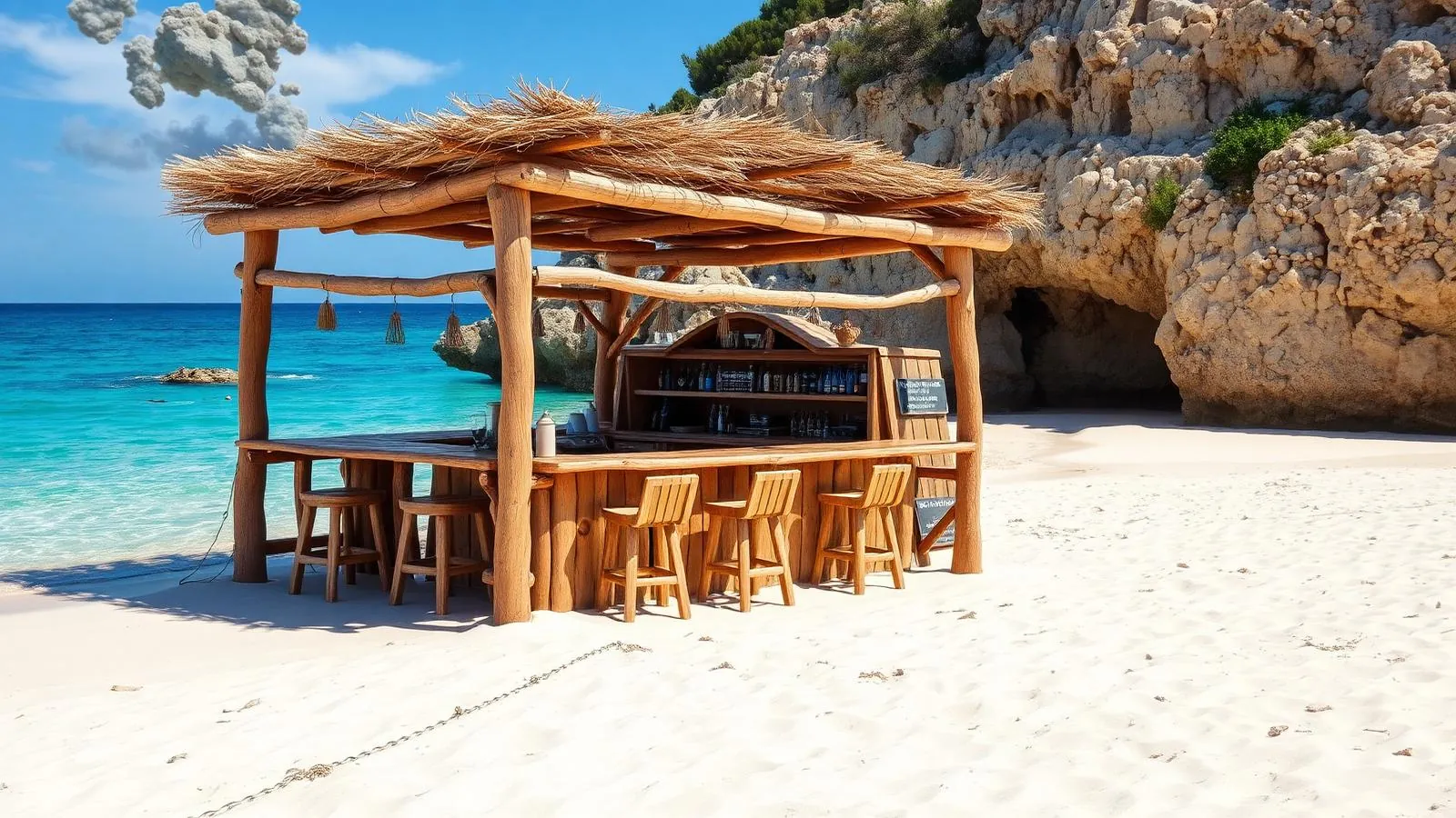 Rustikale Strandbar aus Holz direkt im Sand einer Naturbucht auf Mallorca