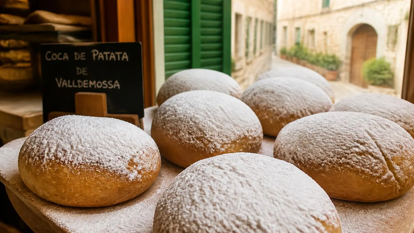 Coca de patata aus Valldemossa: weiche Kartoffelteig-Küchlein mit dicker Puderzuckerschicht.