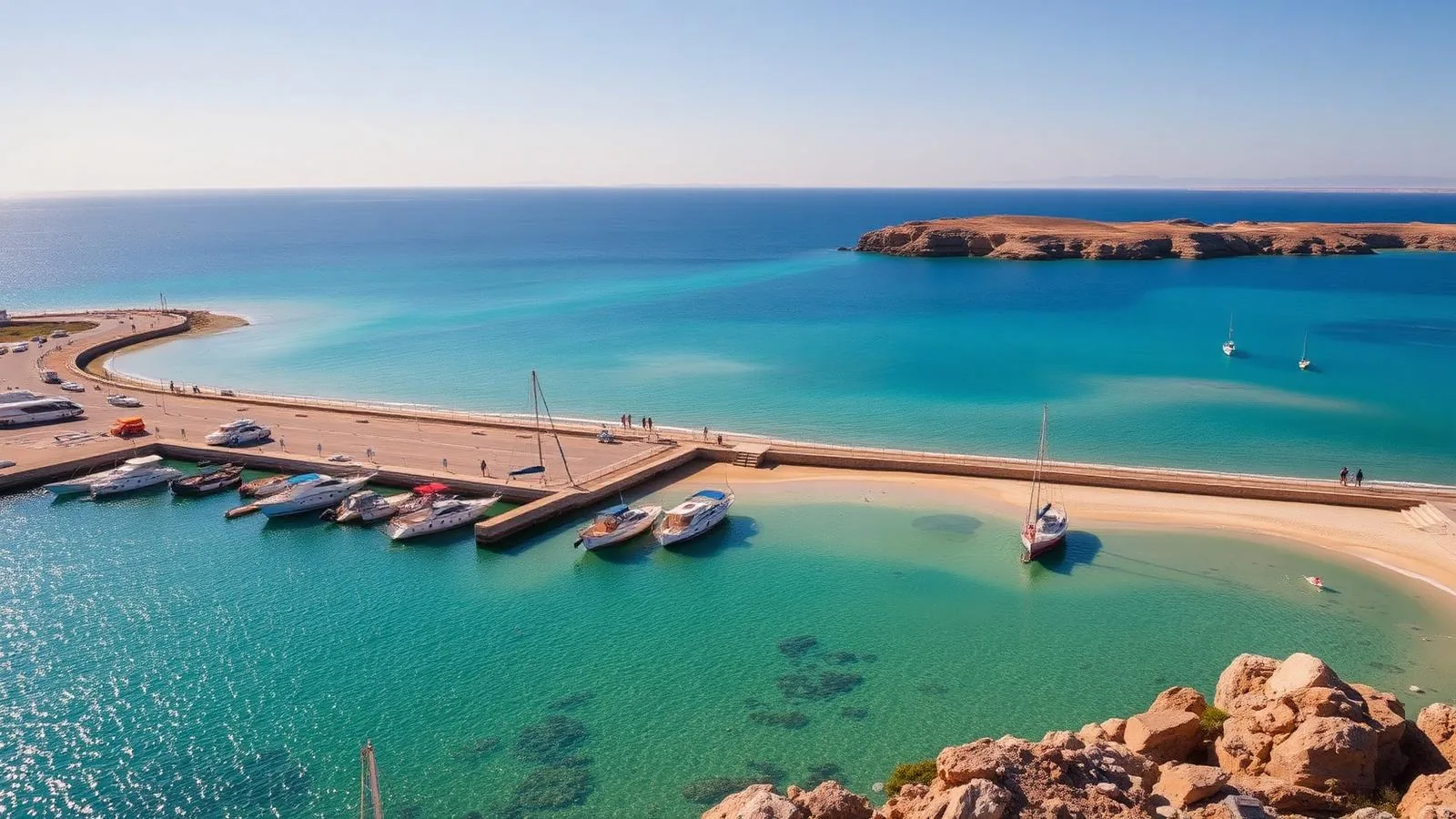 Hafen und flacher Strand von Colònia de Sant Jordi im Süden Mallorcas mit türkisem Wasser und niedriger Felsküste
