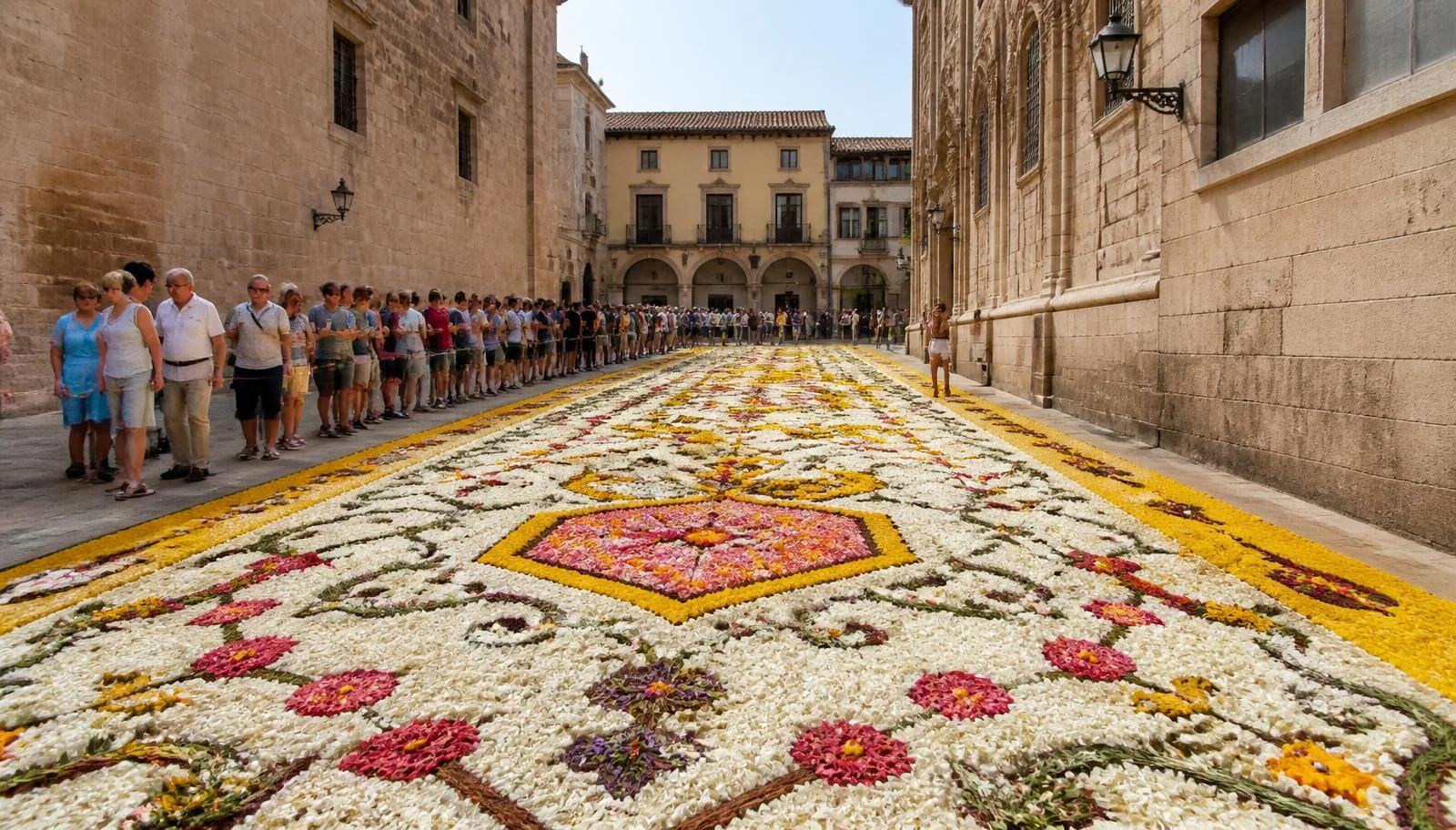 Blumenteppich aus bunten Blütenblättern zu Fronleichnam auf der Plaça de Cort in Palma de Mallorca