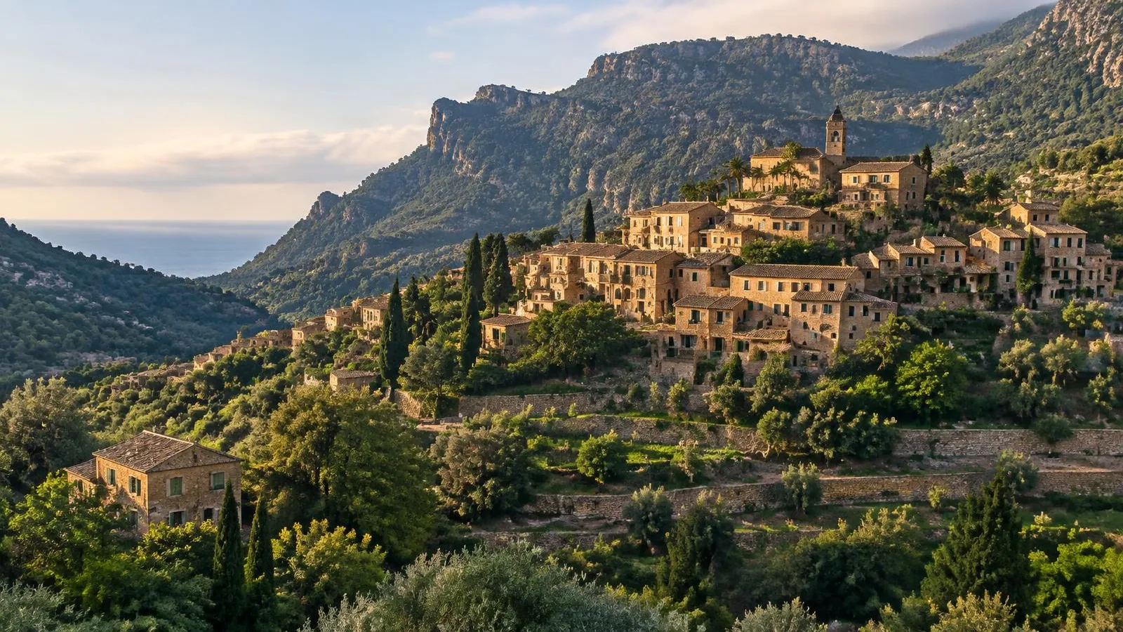Bergdorf Deià in der Serra de Tramuntana auf Mallorca mit Natursteinhäusern am Hang, Oliventerrassen und Meer im Hintergrund