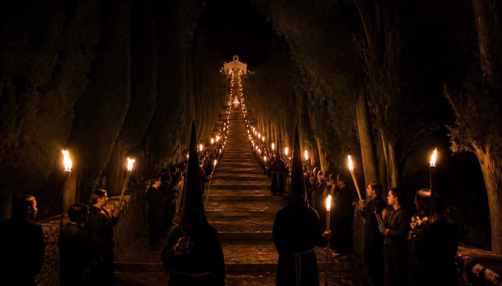 Fackelzug des Devallament auf der Calvari-Treppe von Pollença am Karfreitagabend