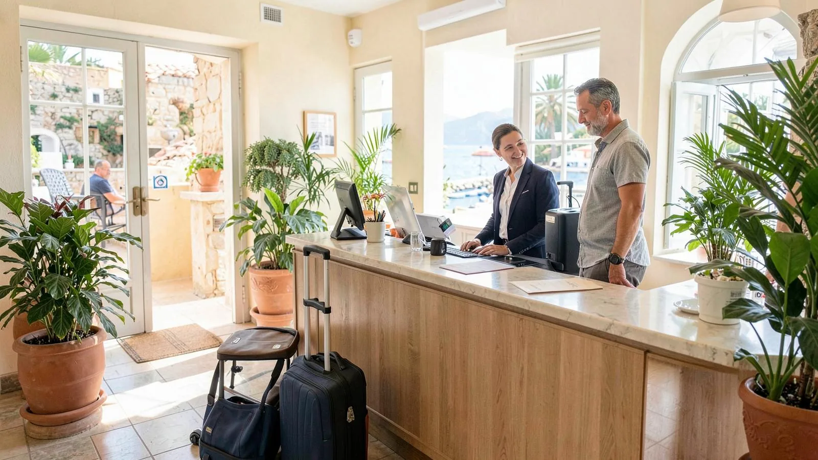 Check-in an der Rezeption eines mallorquinischen Hotels mit Gast, Koffern und Kartenzahlungsgerät auf dem Tresen