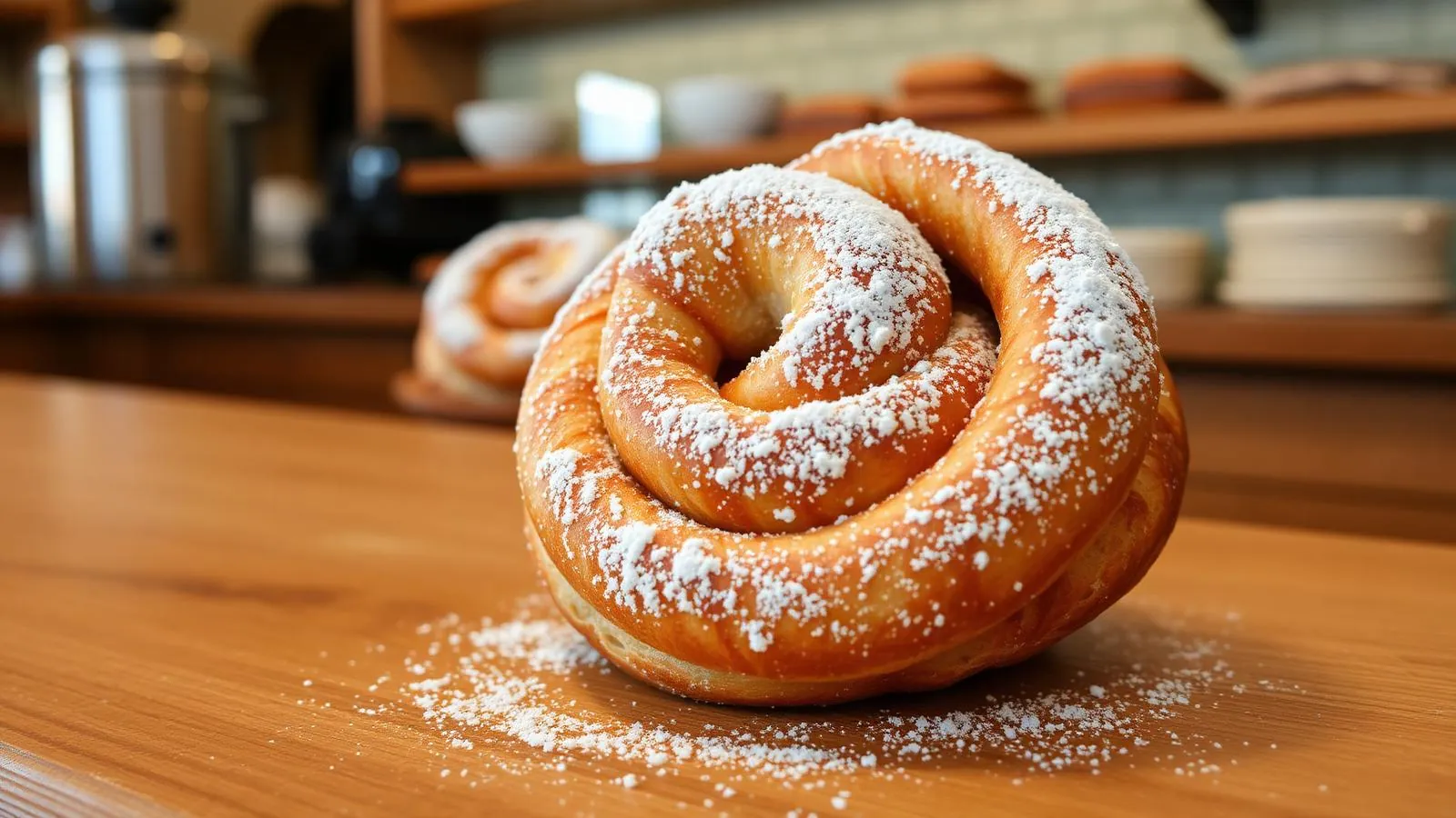 Frisch gebackene Ensaimada mit Puderzucker auf einem Holztresen in einer mallorquinischen Bäckerei