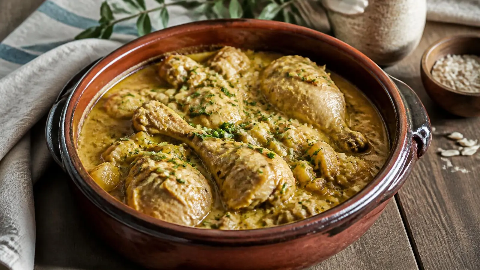 Escaldums in der Tonschale: geschmortes Geflügel in mallorquinischer Mandel-Safran-Sauce.