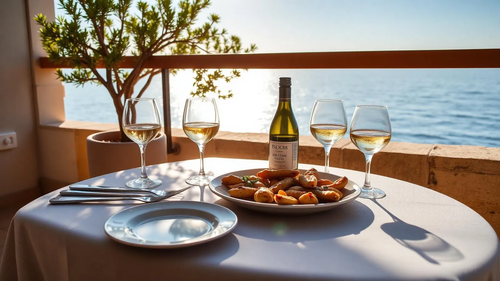 Gedeckte Terrasse eines mallorquinischen Restaurants mit regionalen Gerichten, Olivenöl und Wein