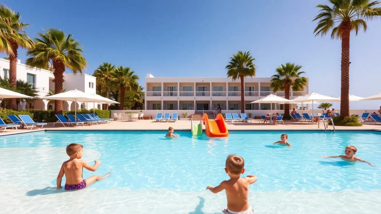 Familienhotel auf Mallorca mit flachem Poolbereich, Rutsche, Liegen und Palmen