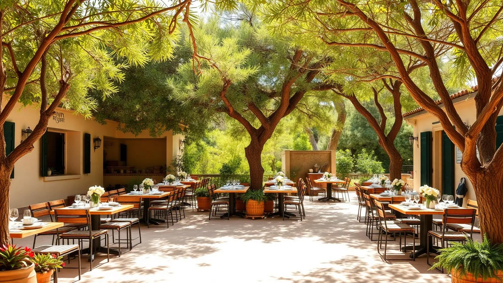 Weitläufige Gartenterrasse eines Finca-Restaurants auf Mallorca mit Tischen unter Bäumen