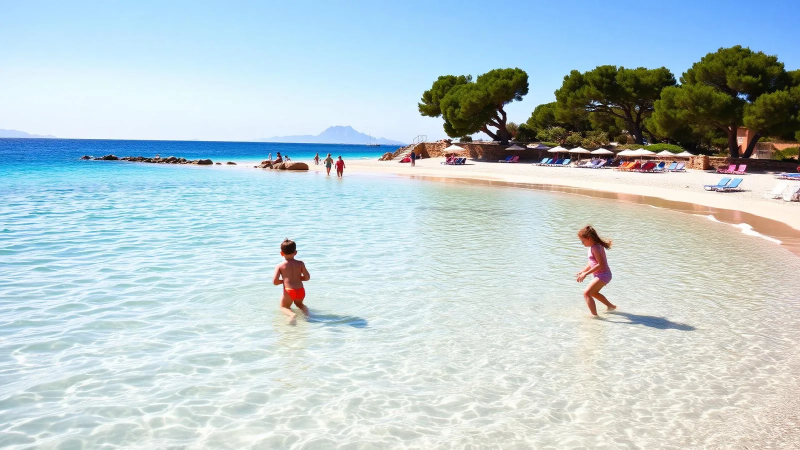 Kinder spielen im knietiefen, klaren Wasser eines flach abfallenden Sandstrands auf Mallorca mit Pinienschatten im Hintergrund