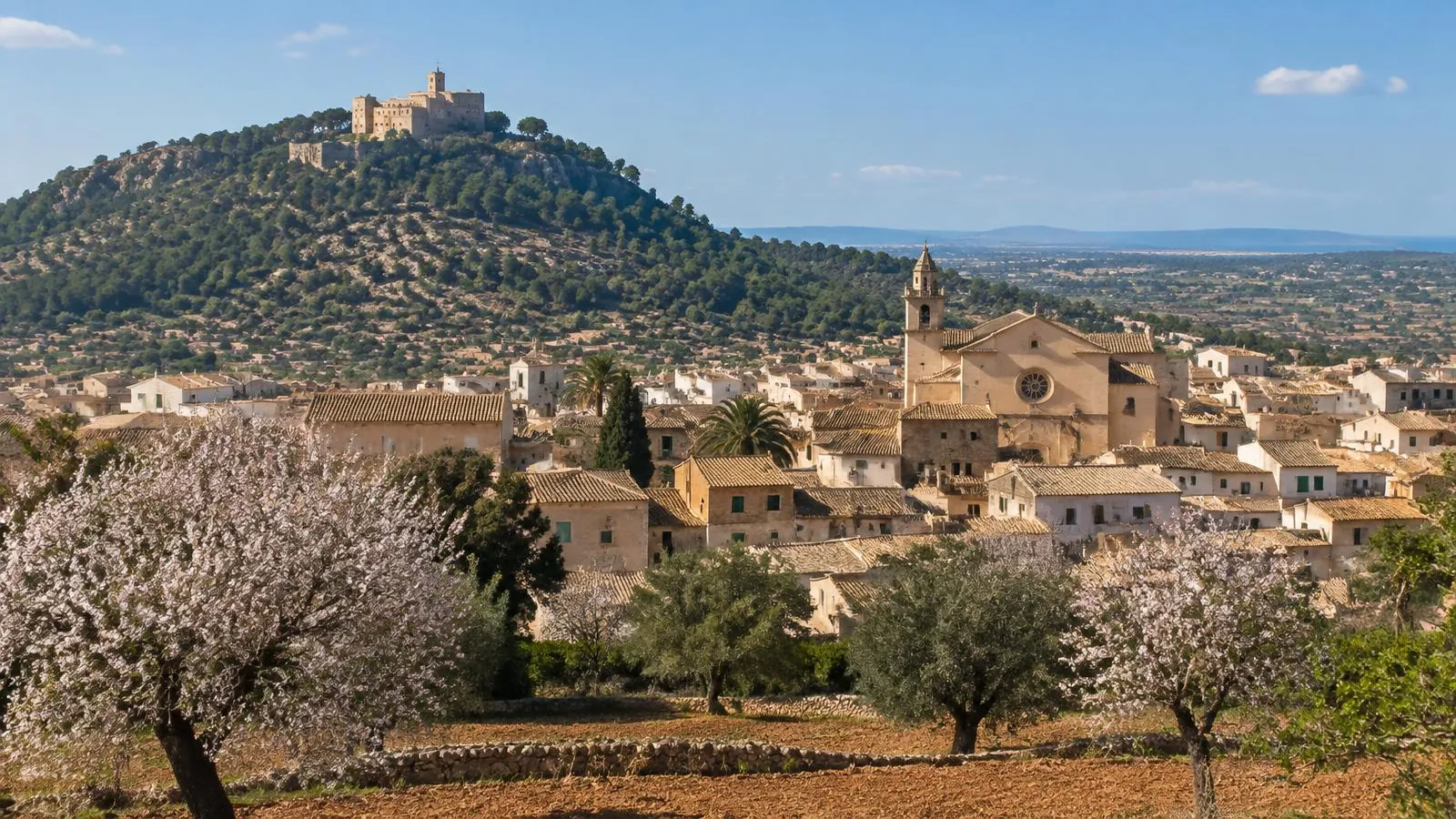 Stadtbild von Felanitx auf Mallorca mit Kirche, Ziegeldächern, Mandelbäumen und dem Klosterberg Sant Salvador dahinter