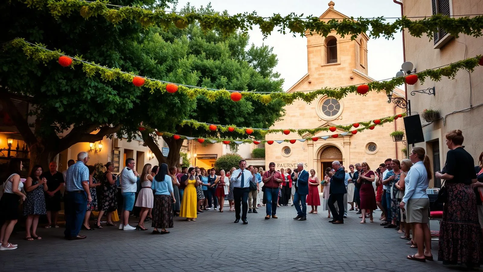 Dorffest auf Mallorca: geschmückter Platz vor der Kirche mit Girlanden, Livemusik und feiernden Gästen