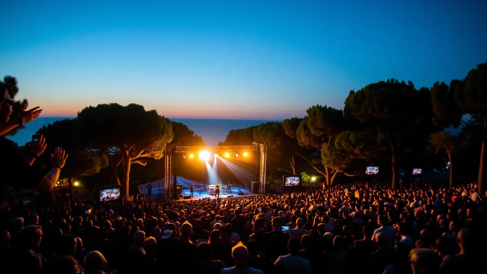 Open-Air-Festival auf Mallorca mit beleuchteter Bühne, Pinien und Meer im Hintergrund zur blauen Stunde