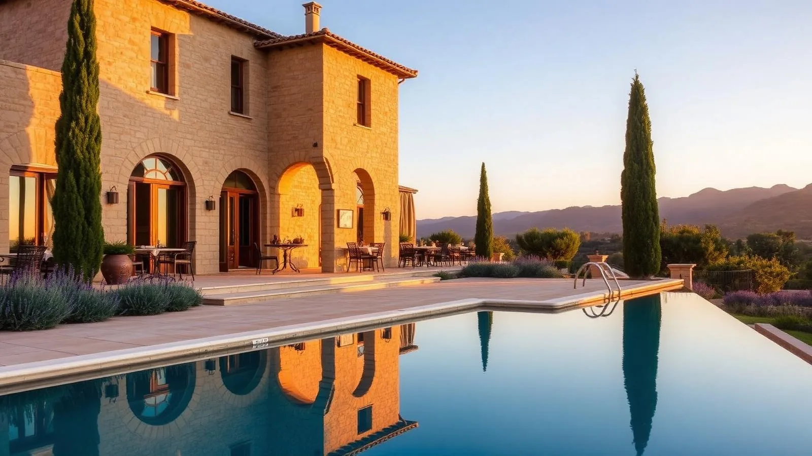Restauriertes Finca-Hotel auf Mallorca aus Sandstein mit Bogenlaube, Pool, Zypressen und Bergen im Hintergrund