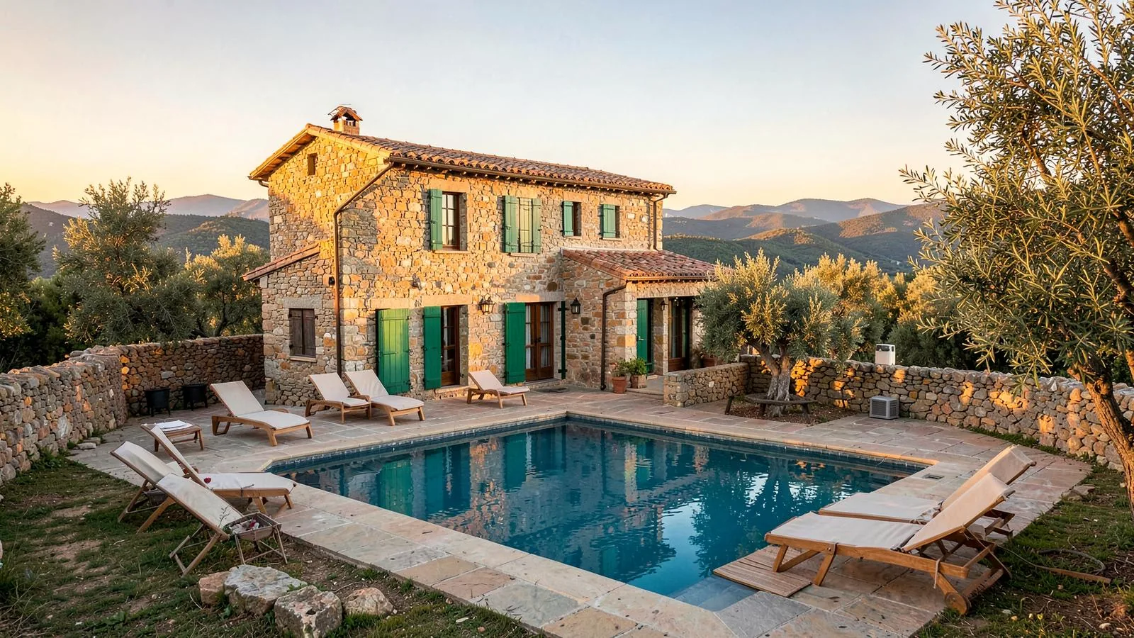 Gemietete Ferienfinca auf Mallorca aus Naturstein mit privatem Pool, Liegen, Olivenbäumen und Trockensteinmauern