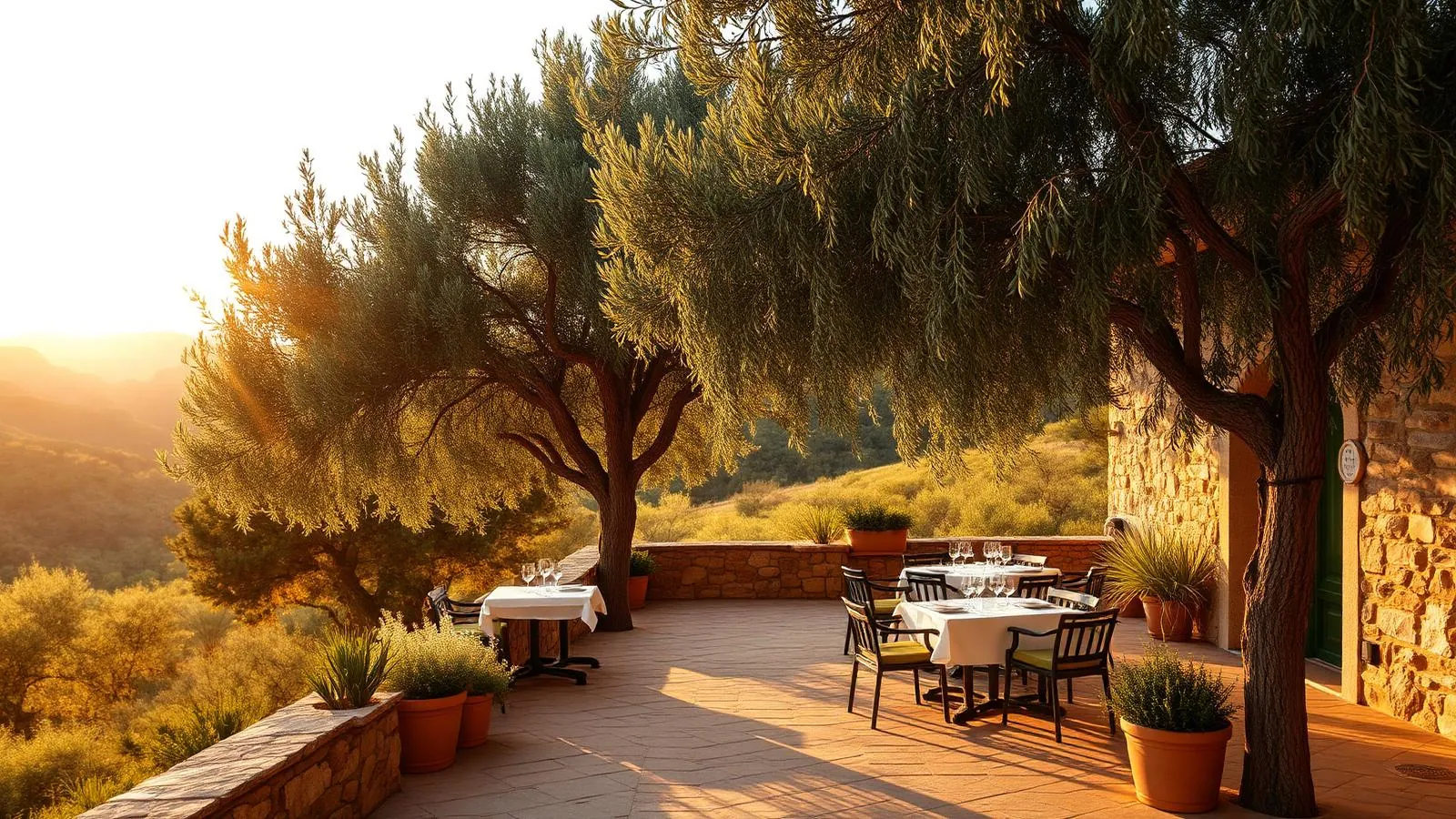 Ruhige Terrasse eines Finca-Restaurants im Inselinneren von Mallorca unter Olivenbäumen im Abendlicht