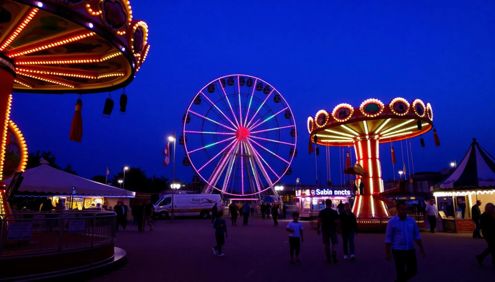 Beleuchtetes Riesenrad und Kettenkarussell auf dem Frühjahrsjahrmarkt Fira del Ram in Palma de Mallorca am Abend