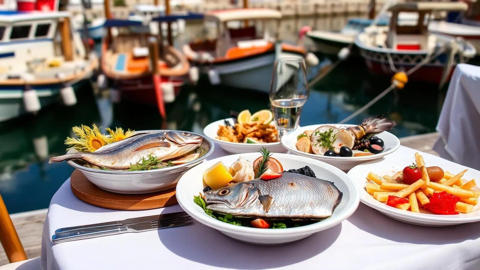 Platte mit frischem Fisch und Meeresfrüchten in einem Hafenrestaurant auf Mallorca