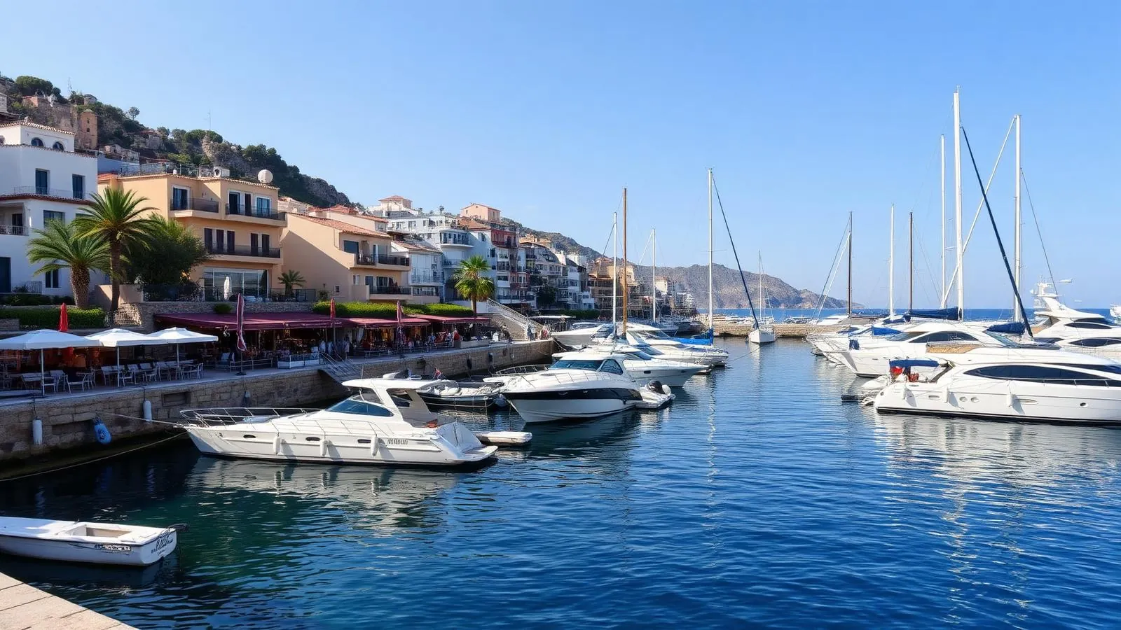 Yachthafen von Port d'Andratx mit Fischrestaurants direkt am Wasser