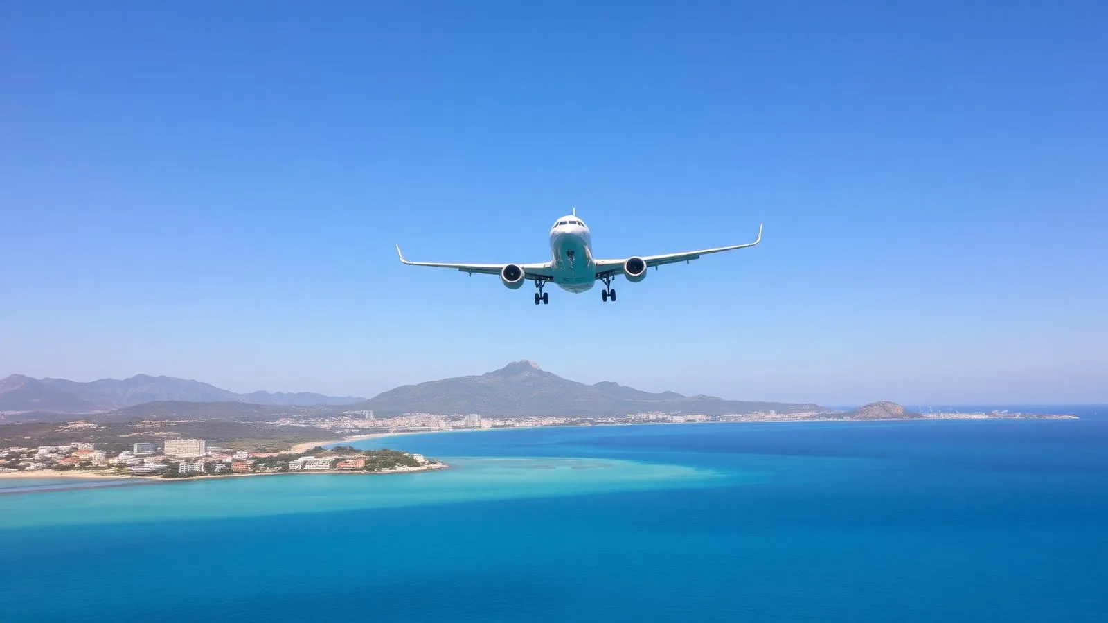 Verkehrsflugzeug im Anflug auf Palma de Mallorca über der türkisen Bucht und der Küstenlinie