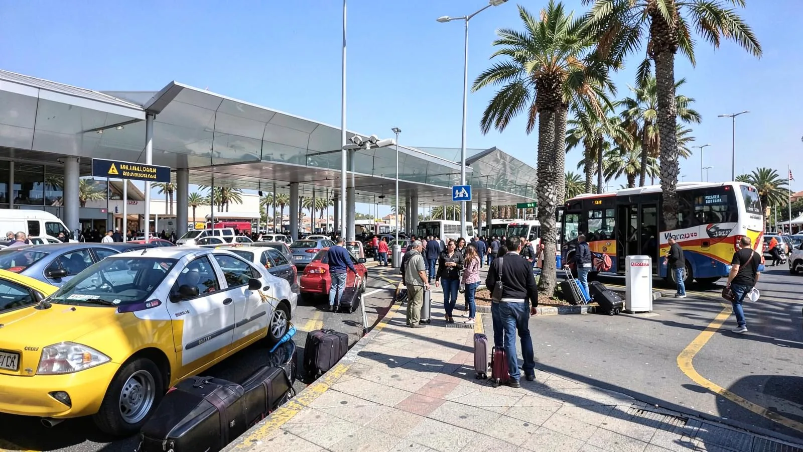 Ankunftsebene am Flughafen Palma de Mallorca mit wartenden Taxis, Bussen und Reisenden mit Koffern unter Palmen