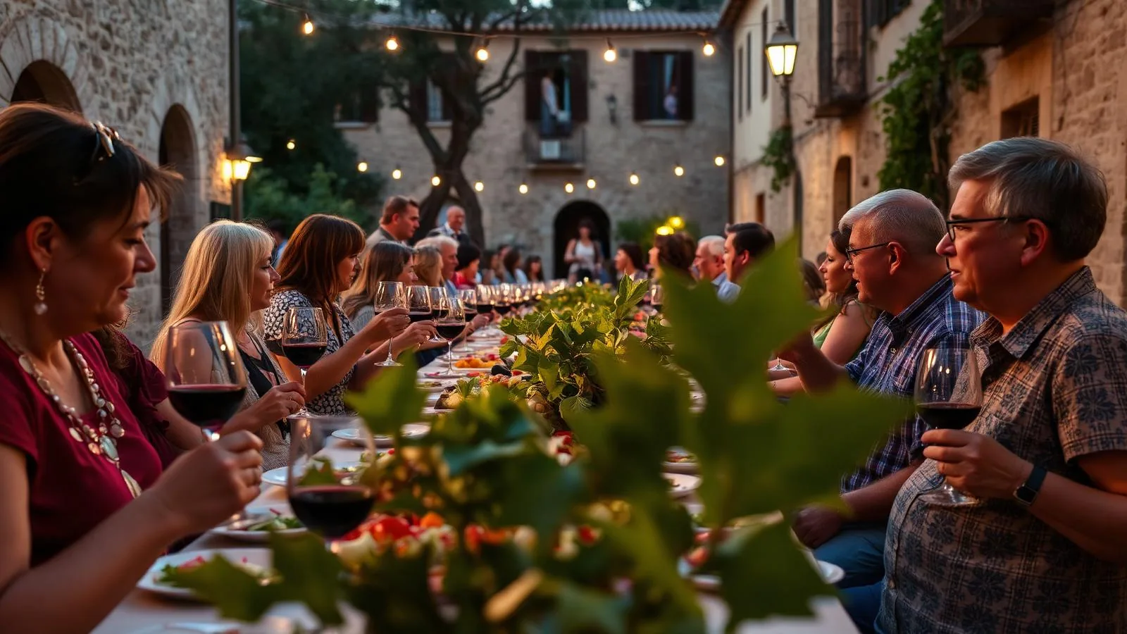 Weinfest auf Mallorca: lange Tafeln in einem Dorfhof mit Weingläsern und Besuchern am Abend
