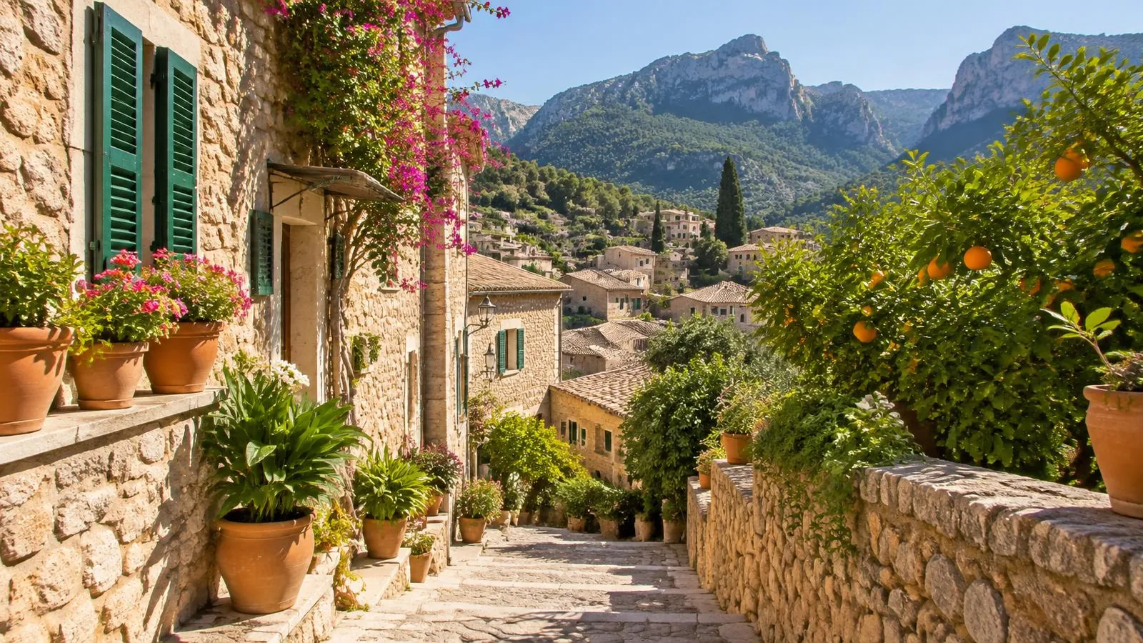 Steingasse mit Treppenstufen, grünen Fensterläden und Blumentöpfen im Bergdorf Fornalutx auf Mallorca, dahinter Orangenbäume und Tramuntana-Gipfel