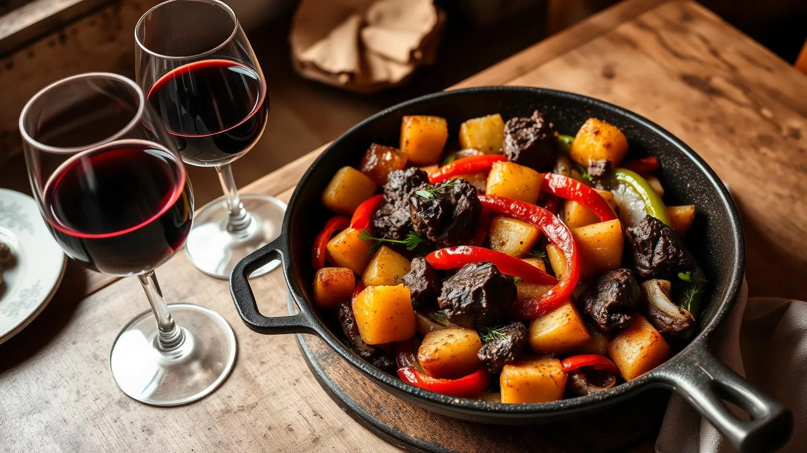 Frit mallorquí mit Kartoffeln, Paprika und Innereien in der Pfanne.